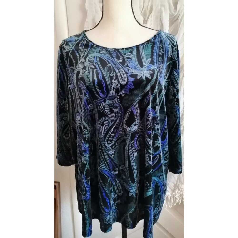 CATHERINES Women's Blouse Blue Velvet Paisley Plus Petite 14 / 16 3/4 Sleeve